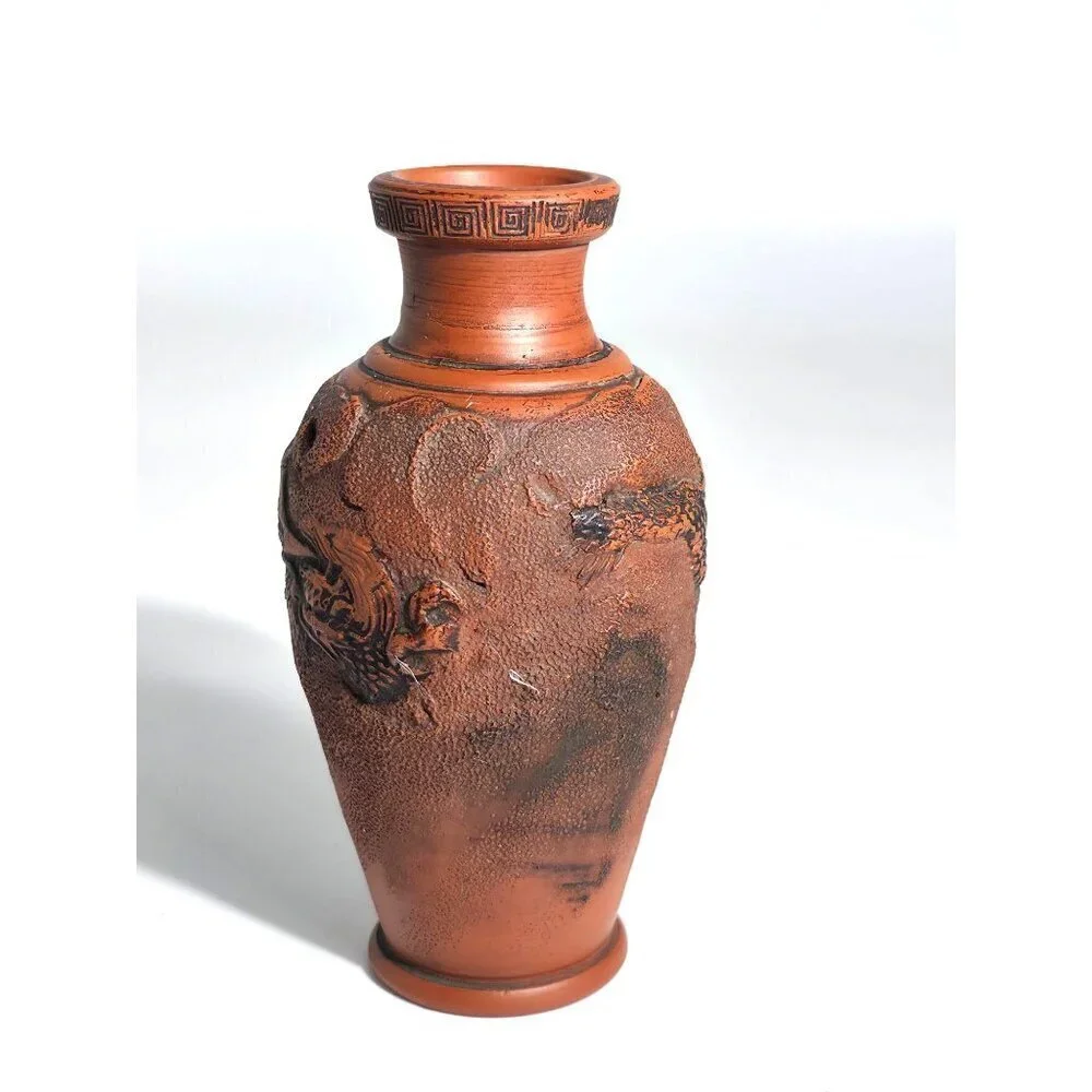 Tokonama Red Clay Dragon Motif Vase Textured Finish Intricate Dragon Carvings